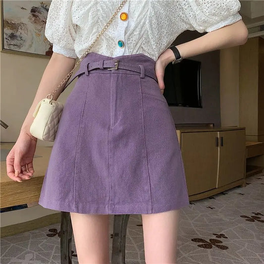 DAYIFUN Solid Purple Mini Skirt Women SummerAbove Knee 2022 High Waist A Line Denim Harajuku Lady Clothes Sweet Skirts for Girls